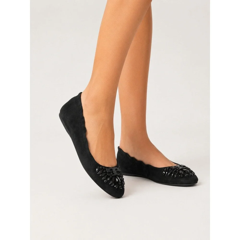 Tory Burch Reva Black Suede Embellished Crystal Logo Ballet Flats Shoes 6.5